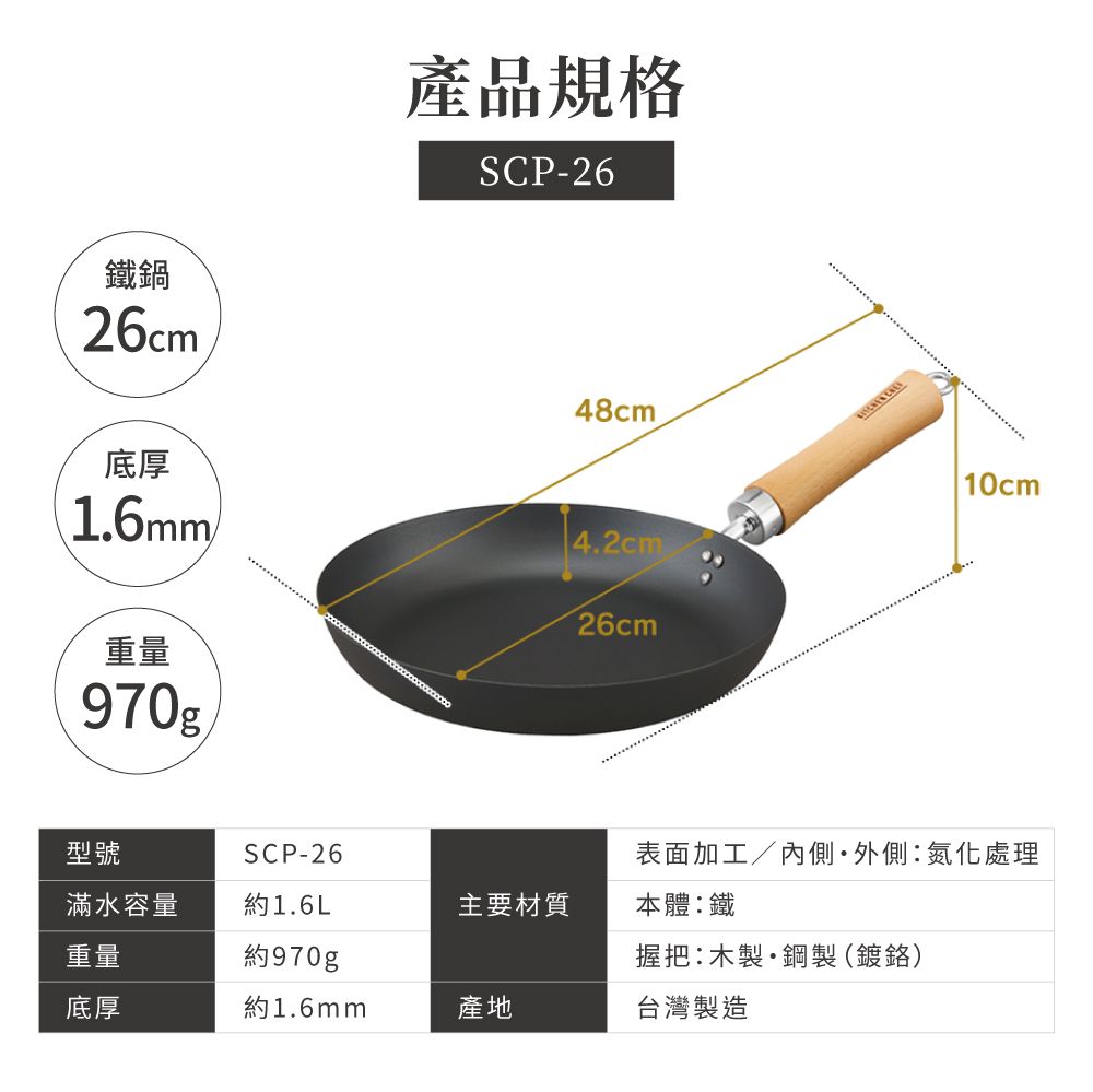 產品規格SCP-26鐵鍋26cm底厚1.6mm48cm4.2cm26cm重量970g/10cm型號SCP-26表面加工/內側·外側氮化處理滿水容量約1.6L主要材質本體:鐵重量約970g握把:木製鋼製(鍍鉻)底厚約1.6mm產地台灣製造