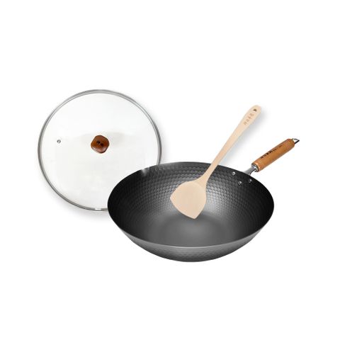 【神田KANDA】日本製 窒化鐵 槌目紋 無塗層鐵炒鍋 鐵鍋 IH全對應 30cm(贈原廠鍋蓋+木鏟)