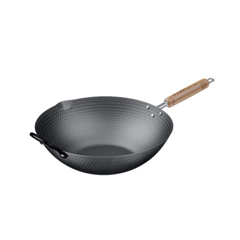 【神田KANDA】日本製 窒化鐵 槌目紋 無塗層鐵炒鍋 鐵鍋 IH全對應 33cm(贈原木鍋蓋+木鏟)