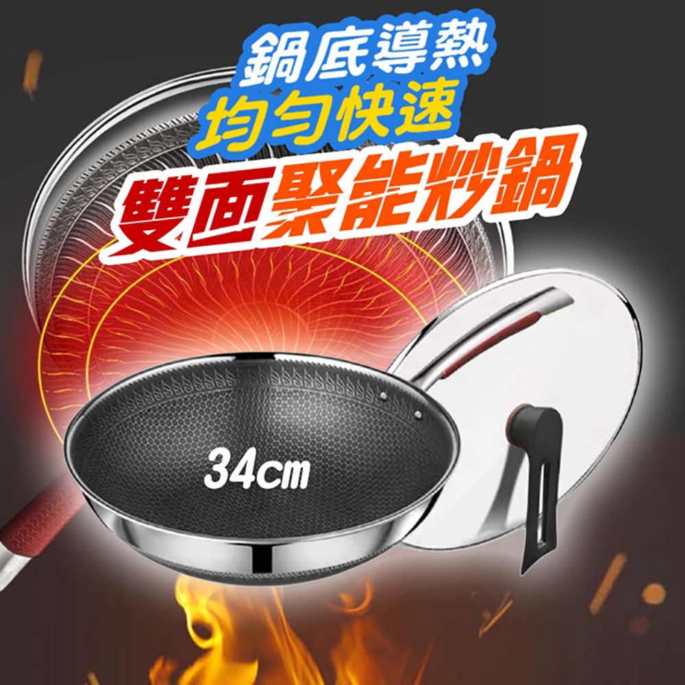  316不鏽鋼蜂巢雙面聚能不沾炒鍋34cm 通過SGS無毒檢測