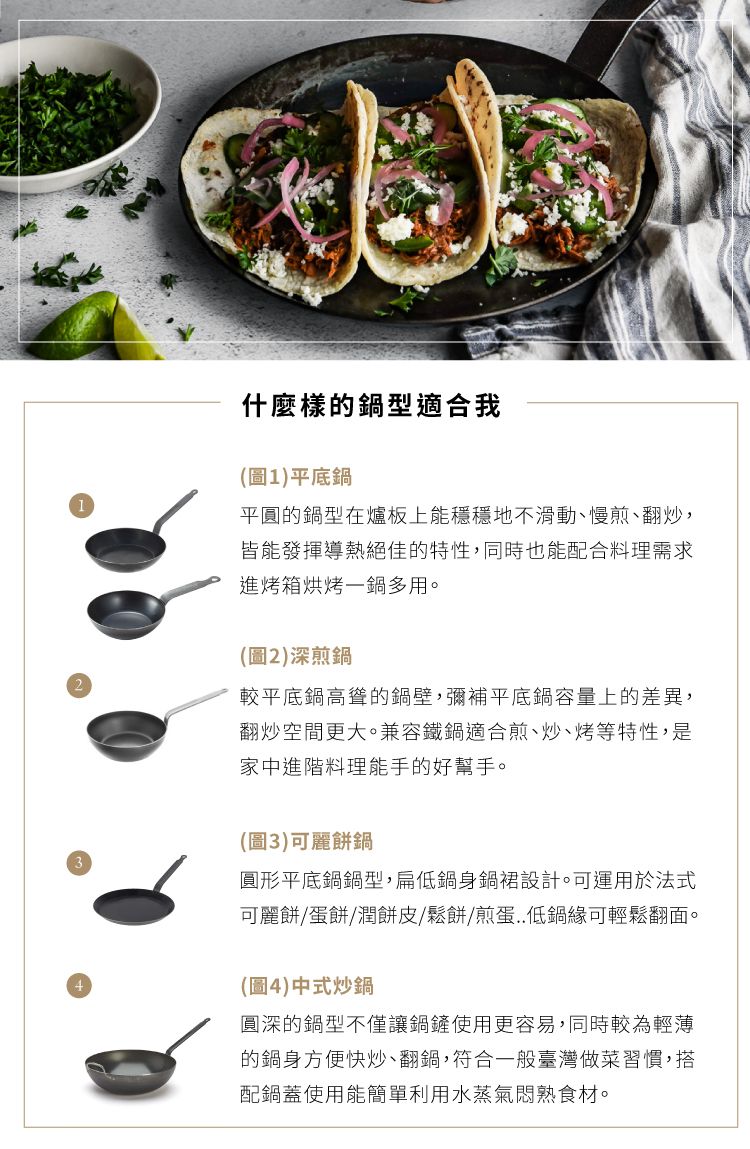 什麼樣的鍋型適合我(圖1)平底鍋平圓的鍋型在爐板上能穩穩地不滑動慢煎、翻炒,皆能發揮導熱絕佳的特性,同時也能配合料理需求進烤箱烘烤一鍋多用。(圖2)深煎鍋較平底鍋高聳的鍋壁,彌補平底鍋容量上的差異,翻炒空間更大。兼容鐵鍋適合煎、炒、烤等特性,是家中進階料理能手的好幫手。(圖3)可麗餅鍋圓形平底鍋鍋型,扁低鍋身鍋裙設計。可運用於法式可麗餅/蛋餅/潤餅皮/鬆餅/煎蛋..低鍋緣可輕鬆翻面。(圖4)中式炒鍋圓深的鍋型不僅讓鍋鏟使用更容易,同時較為輕薄的鍋身方便快炒、翻鍋,符合一般臺灣做菜習慣,搭配鍋蓋使用能簡單利用水蒸氣悶熟食材。