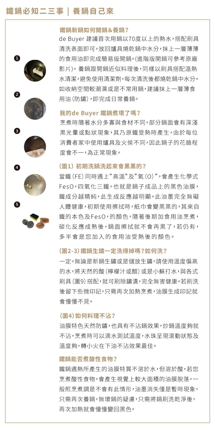 必知二三事  養鍋自己來1235鍋新如何&養鍋?de Buyer 建議首次用鍋以70度以上的水搭配刷具清洗表面即可放回爐具燒乾鍋中水分抹上一層薄薄的食用油即完成簡易版。(進階版開鍋可參考原廠影片)。養鍋跟開鍋近似料理後,同樣以刷具搭配溫熱水清潔,避免使用清潔劑,每次清洗後都燒乾鍋中水分。如收納空間較潮濕或是不常用鍋,建議抹上一層薄食用油(防鏽),即完成日常養鍋。我的de Buyer 煮了嗎?烹煮時隨著水分多寡與食材不同,部分鍋面會有深淺黑光暈或點狀現象,其乃原鐵受熱時產生,由於每位消費者家中使用爐具火侯不同,因此鍋子的花臉程度會不一,為正常現象。(圖1)初期洗鍋洗起來會黑黑的?鐵 (FE) 同時上高溫及”(),會產生化學式FesO,四氧化三鐵,也就是鍋子成品上的黑色油膜,鐵成分越精純,此生成反應越明顯。此油墨完全無礙人體健康,初期使用擦拭時,紙巾會變黑黑的,其來自鐵的本色及FesO,的顏色,隨著後期加食用油烹煮,碳化反應成熟後,鍋面擦拭就不會再黑了,若仍有,多半會是您加入的食用油受熱後的顏色。(圖2-3)鐵鍋生鍵一定洗得掉嗎?如何洗?一定。無論是新鍋生鏽或是儲放生鏽,請使用溫度偏高的水,將天然的酸(檸檬汁或醋)或是小蘇打水,與各式刷具 (圖9) 搭配,就可刷除鏽漬,完全無害健康。若刷洗後留下些微印記,只需再次加熱烹煮,油膜生成印記就會慢慢不見。(圖4)如何料理不沾?油膜特色天然防鏽,也具有不沾鍋效果,炒鍋溫度夠就不沾,烹煮時可以滴水測試溫度,水珠呈現滾動狀態及溫度夠,轉小火在下油不沾效果最佳。鐵鍋能否煮酸性食物?鐵鍋遇熱所產生的油膜特質不溶於水,但溶於酸,若您烹煮酸性食物,會產生視覺上較大面積的油膜脫落,一般煎烹煮調是不會有此情形,油墨消失僅是暫時現象,只需再次養鍋,無壞鍋的疑慮,只需將鍋刷洗乾淨後,再次加熱就會慢慢變回黑色。