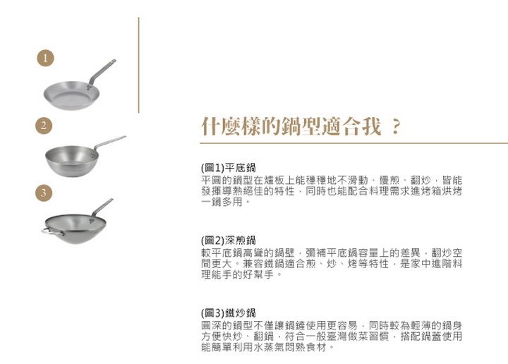 23什麼樣的型適合我?(1)平底平的型在爐板上能穩穩地不滑動慢煎、翻炒皆能發揮導熱絕佳的特性同時也能配合料理需求進烤箱烘烤多用(2)煎較平底鍋高聳的鍋壁彌補平底鍋上的差異翻炒空間更大。兼容鐵鍋適合煎、炒、烤等特性是家中進階料理能手的好幫手。(圖3)鐵炒鍋圖深的鍋型不僅讓使用更容易,同時較為輕薄的鍋身方便快炒、翻鍋,符合一般臺灣做菜習慣,搭配鍋蓋使用能簡單利用水蒸氣悶熟食材。