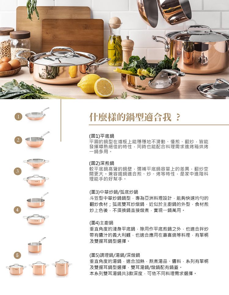 2de 什麼樣的型適合我?(圖1)平底鍋平的鍋型在板上能穩穩地不滑動慢煎、翻炒皆能發揮導熱絕佳的特性同時也能配合料理需求進烤箱烘烤一鍋多用。(圖2)深煎鍋較平底鍋高聳的鍋壁彌補平底鍋容量上的差異翻炒空間更大。兼容鐵鍋適合煎、炒、烤等特性是家中進階料理能手的好幫手。(圖3)中華炒鍋弧底炒鍋斗笠型中華炒鍋鍋型專為亞洲料理設計能夠快速均勻的翻炒食材;弧底雙耳炒燉鍋,近似於主廚鍋的外型,食材煎炒上色後,不須換鍋直接燉煮,實現一鍋萬用。(圖4)主廚鍋垂直角度的淺身平底鍋,除用作平底煎鍋之外,也適合拌炒帶有的義大利麵,也適合應用在壽喜燒等料理,有單柄及雙握耳鍋型選擇。(圖5)調理鍋湯鍋/深燉鍋垂直角度的湯鍋,適合加熱,熬煮湯品、,系列有單柄及雙握耳鍋型選擇,雙耳湯鍋/燉鍋配有鍋蓋。本系列雙耳湯鍋共3款深度,可依不同料理需求選擇。