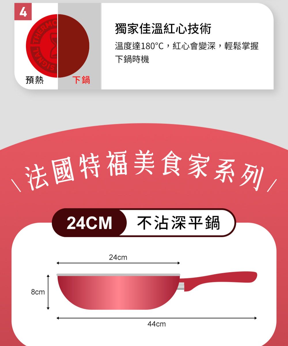 4IGNAL THE預熱下鍋獨家佳溫紅心技術溫度達180℃,紅心會變深,輕鬆掌握下鍋時機\法國特福美食家系列八24CM 不沾深平鍋8cm24cm44cm