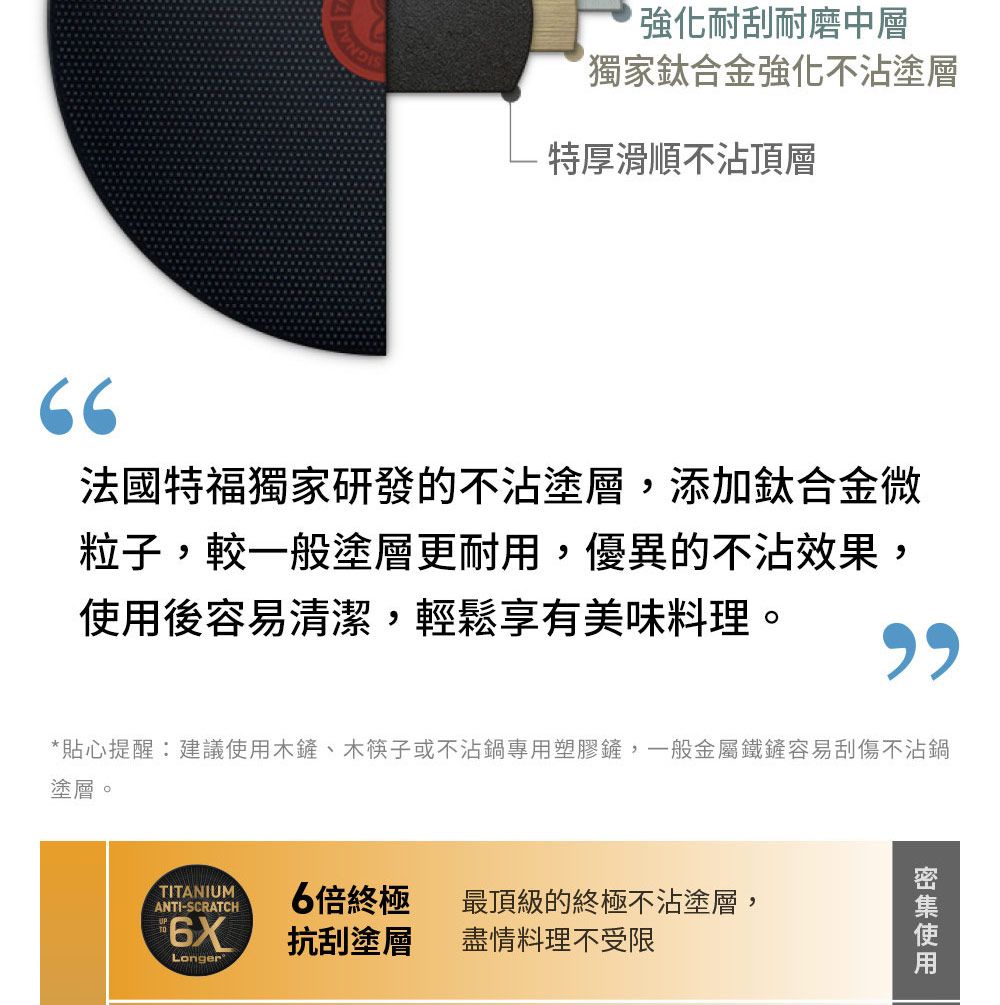 強化耐刮耐磨中層獨家鈦合金強化不沾塗層特厚滑順不沾頂層66法國特福獨家研發的不沾塗層,添加鈦合金微粒子,較一般塗層更耐用,優異的不沾效果,後容易清潔,輕鬆享有美味料理。貼心提醒建議使用木鏟、木筷子或不沾鍋專用塑膠鏟,一般金屬鐵鏟容易刮傷不沾鍋塗層。ANTI-SCRATCHTITANIUM 6倍終極最頂級的終極不沾塗層,*抗刮塗層盡情料理不受限Longer使用