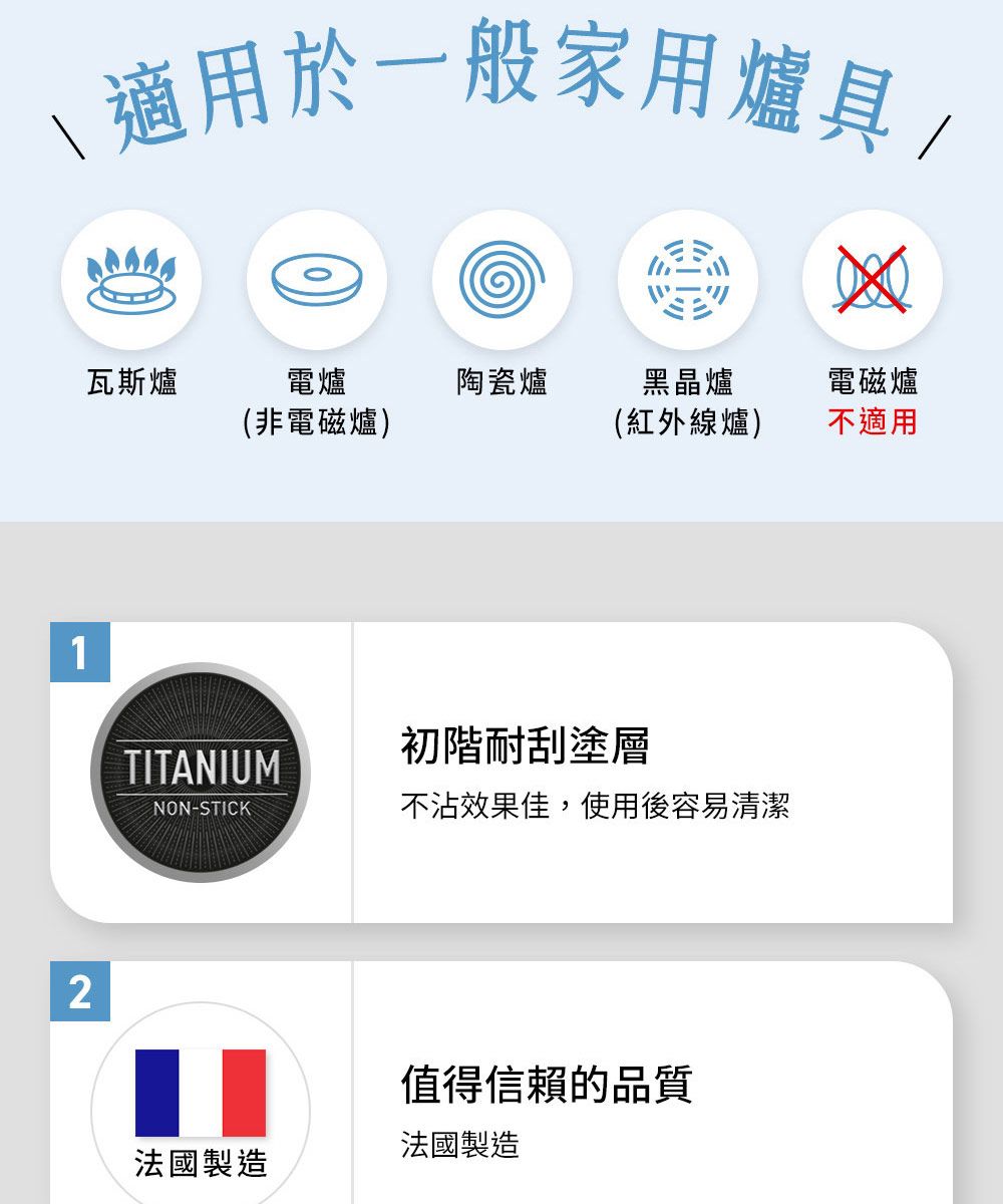 \ 適用於一般家用爐具/瓦斯爐12電爐(非電磁爐)陶瓷爐黑晶爐電磁爐(紅外線爐)不適用TITANIUM初階耐刮塗層NON-STICK不沾效果佳,使用後容易清潔值得信賴的品質法國製造法國製造