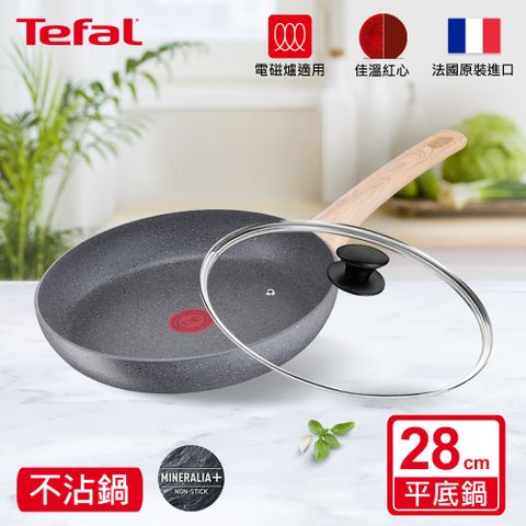 Tefal 特福 法國 暖木岩燒系列28CM不沾平底鍋(電磁爐適用)+玻璃蓋法國製