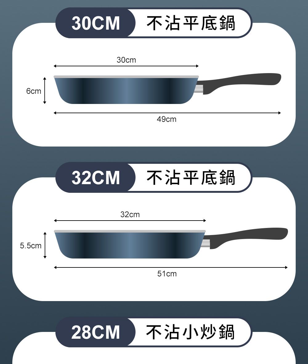 6cm5.5cm30CM 不沾平底鍋30cm49cm32CM 不沾平底鍋32cm51cm28CM不沾小炒鍋
