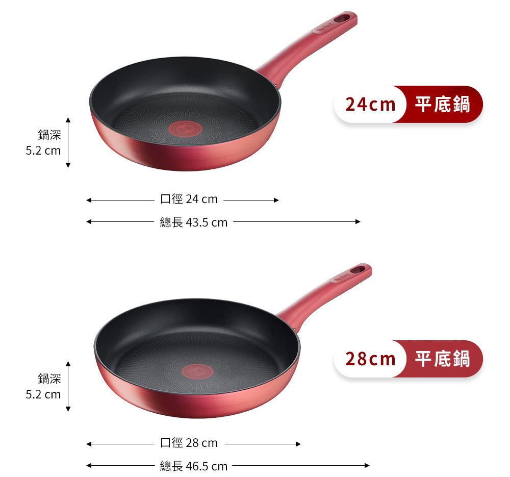 鍋深5.2 cm鍋深5.2 cm口徑 24 cm總長 43.5 cm口徑 28cm總長 46.5 cm24cm平底鍋28cm平底鍋