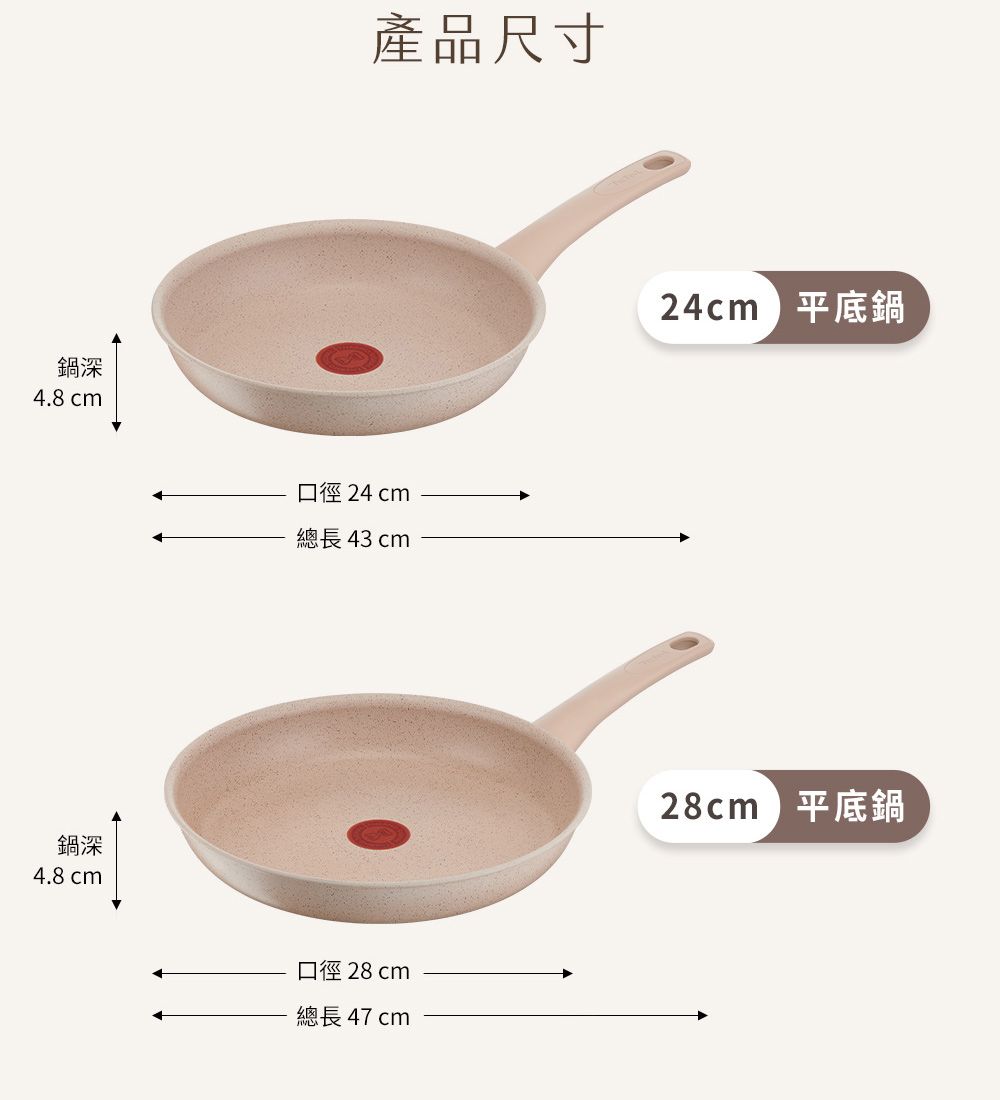 鍋深4.8 cm鍋深4.8 cm產品尺寸口徑 24 cm總長 43 cm口徑 28 cm總長 47 cm24cm)平底鍋28cm平底鍋