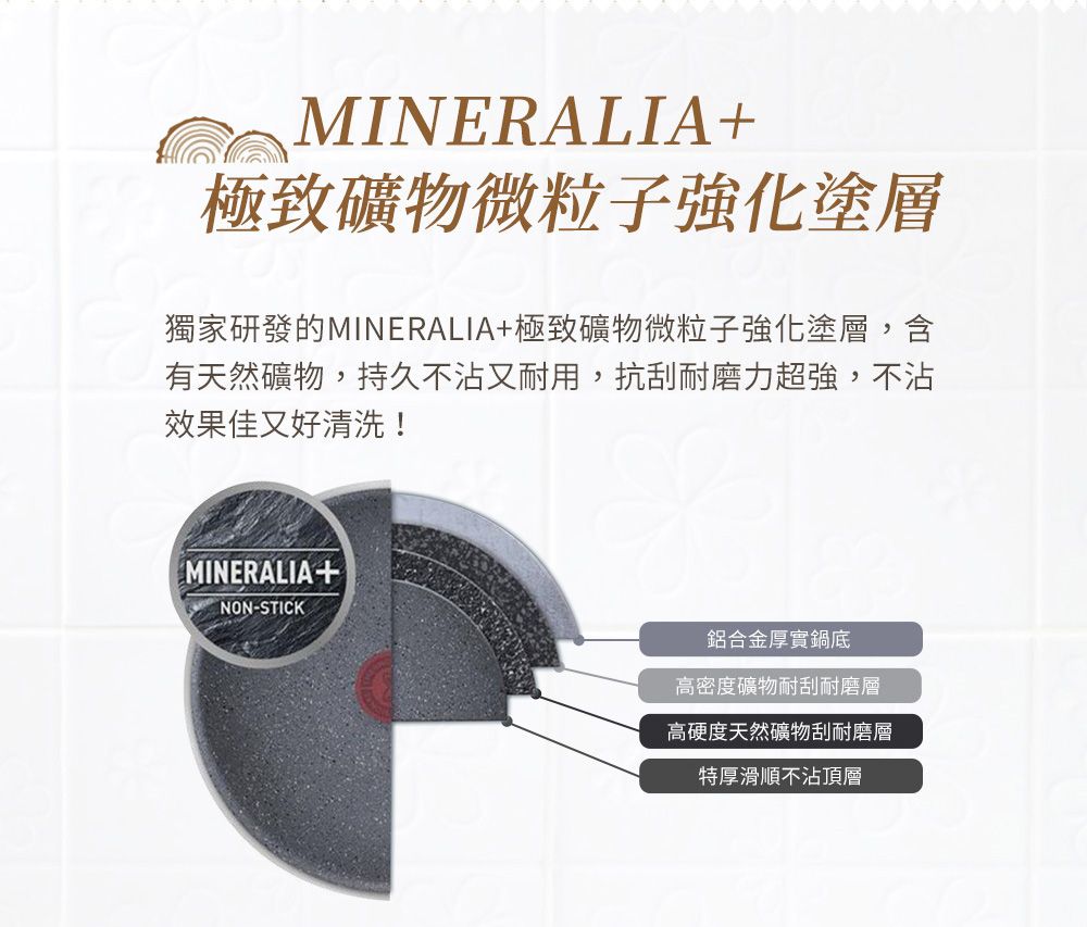 MINERALIA極致礦物微粒子強化塗層獨家研發的MINERALIA+極致礦物微粒子強化塗層,含有天然礦物,持久不沾又耐用,抗刮耐磨力超強,不沾效果佳又好清洗!MINERALIA+NON-STICK鋁合金厚實鍋底高密度礦物耐刮耐磨層高硬度天然礦物刮耐磨層特厚滑順不沾頂層