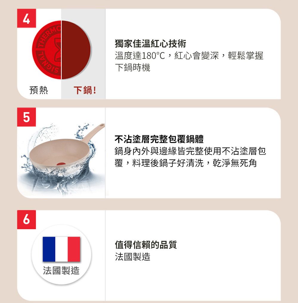 4 THERMLO預熱下鍋!6獨家佳溫紅心技術溫度達180℃,紅心會變深,輕鬆掌握下鍋時機不沾塗層完整包覆鍋體鍋身內外與邊緣皆完整使用不沾塗層包覆,料理後鍋子好清洗,乾淨無死角法國製造值得信賴的品質法國製造