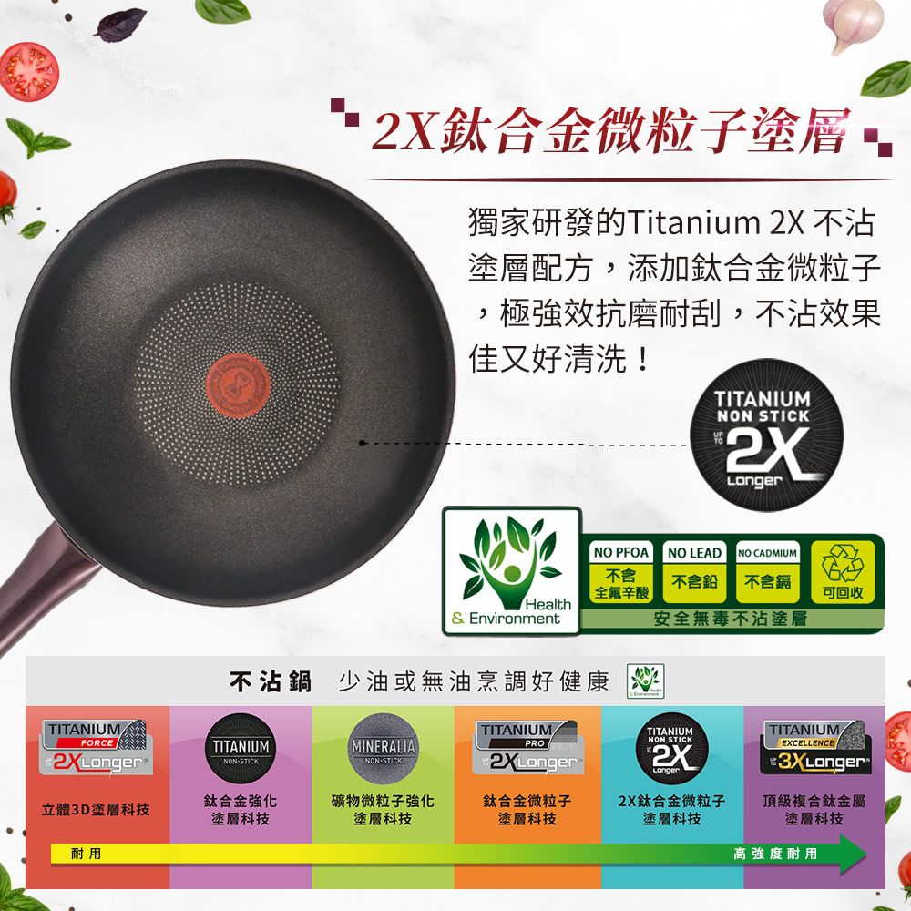 鈦合金微粒子塗層獨家研發的Titanium  不沾塗層配方添加鈦合金微粒子,極強效抗磨耐刮,不沾效果佳又好清洗!TITANIUMNON STICK2XLongerNO PFOA不含全氟辛酸NO LEADNO CADMIUM不含鉛不含鎘可回收Health& Environment安全無毒不沾塗層不沾鍋 少油或無油烹調好健康TITANIUMFORCE TITANIUMSTICKMINERALIANON-STICKTITANIUMPRO2XLongerTITANIUMNON STICK2XLangerTITANIUMEXCELLENCE鈦合金強化立體3D塗層科技塗層科技礦物微粒子強化塗層科技鈦合金微粒子塗層科技2X鈦合金微粒子塗層科技頂級複合鈦金屬塗層科技耐用高強度耐用