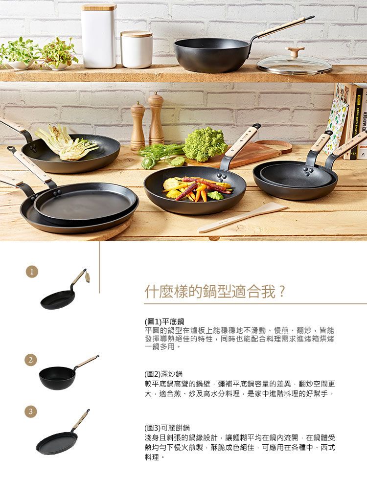 什麼樣的鍋型適合我?(圖1)平底鍋平圓的鍋型在爐板上能穩穩地不滑動、慢煎、翻炒皆能發揮導熱絕佳的特性同時也能配合料理需求進烤箱烘烤一鍋多用。(圖2)深炒鍋較平底鍋高聳的鍋壁彌補平底鍋容量的差異,翻炒空間更大,適合煎、炒及高水分料理,是家中進階料理的好幫手。(圖3)可麗餅鍋淺身且斜張的鍋設計,讓麵糊平均在鍋內流開,在鍋體受熱均勻下慢火煎製,酥脆成色絕佳,可應用在各種中、西式料理。