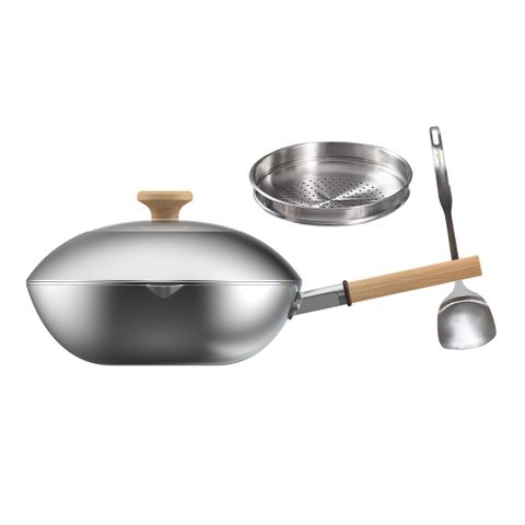 【Taste Plus】悅味元器 鈦合金x430不鏽鋼炒鍋 無塗層不沾炒鍋 32cm(贈鍋蓋+蒸盤+不鏽鋼鏟)