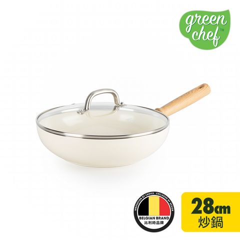 GreenPan GreenChef 鑽石陶瓷塗層不沾炒鍋 東京木紋系列28cm (奶油白)(加蓋)(不挑爐具,IH爐適用)