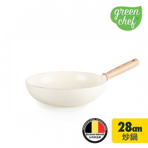 【GreenChef】 東京木紋系列28cm不沾鍋炒鍋(奶油白)(不含蓋)(不挑爐具,IH爐適用)