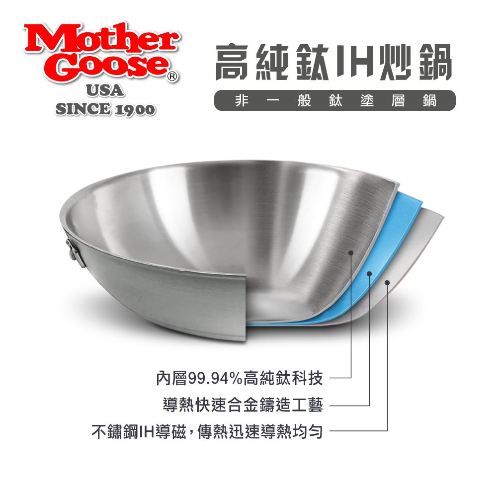 MotherGoose 高純炒鍋USA非般鈦塗層鍋SINCE 1900內層99.94%高純鈦科技導熱快速合金鑄造工藝不鏽鋼IH導磁,傳熱迅速導熱均勻