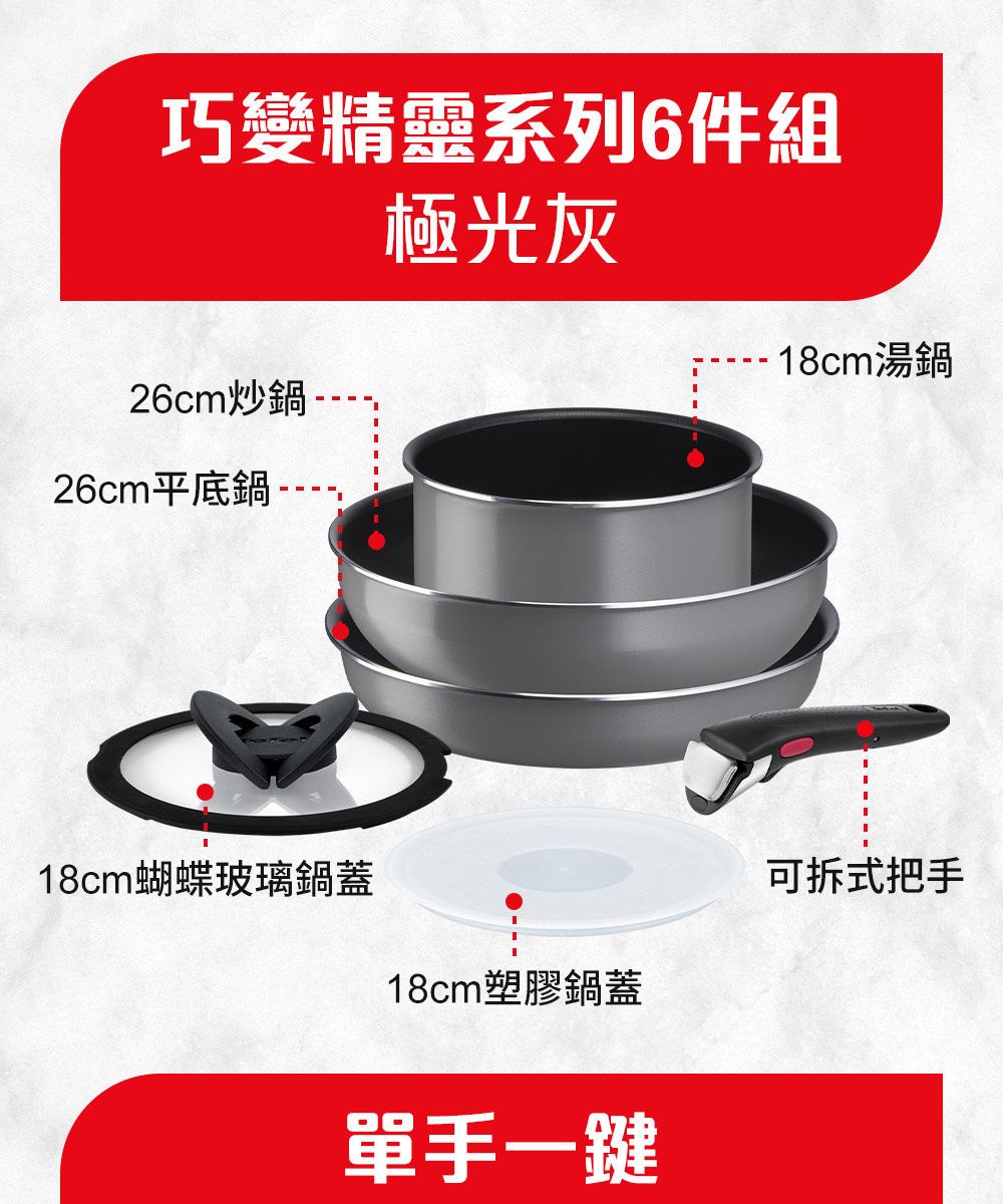 巧變精靈系列6件組26cm炒鍋26cm平底鍋 極光灰- 18cm湯鍋18cm蝴蝶玻璃鍋蓋18cm塑膠鍋蓋單手一鍵可拆式把手