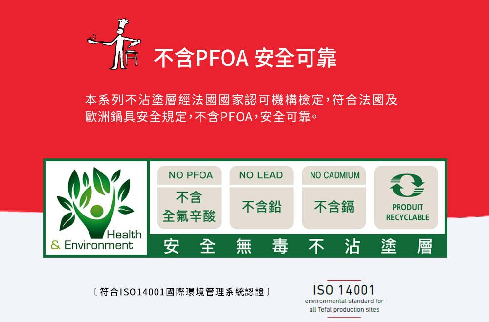 不含PFOA 安全可靠本系列不沾塗層經法國國家認可機構檢定,符合法國及歐洲鍋具安全規定,不含PFOA,安全可靠。NO PFOANO LEADNO CADMIUM不含不含鉛不含鎘全氟辛酸PRODUITRECYCLABLEHealth& Environment安全無毒不沾塗層〔符合ISO14001國際環境管理系統認證]ISO 14001environmental standard forall Tefal production sites