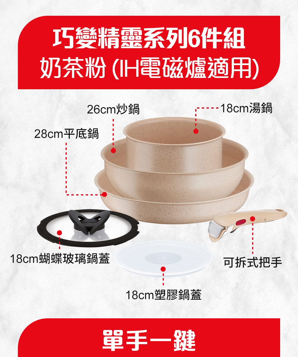 巧變精靈系列6件組奶茶粉 電磁爐適用)26cm炒鍋18cm湯鍋28cm平底鍋18cm蝴蝶玻璃鍋蓋18cm塑膠鍋蓋單手一鍵可拆式把手