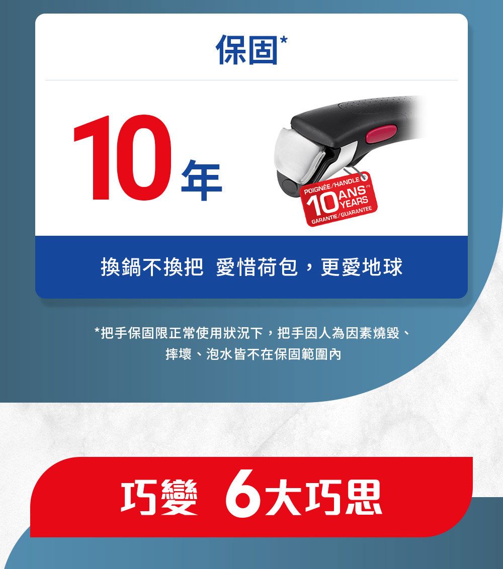 10年保固*POIGNÉEHANDLE10ANSYEARSGARANTIE/GUARANTEE換鍋不換把 愛惜荷包,更愛地球*把手保固限正常使用狀況下,把手因人為因素燒毀、摔壞、泡水皆不在保固範圍內巧6大巧思