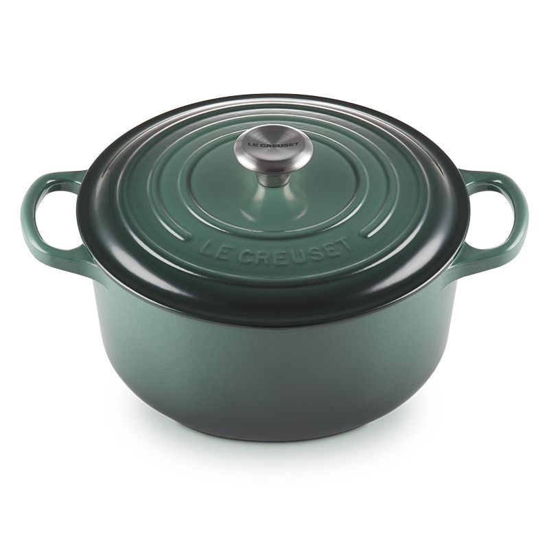 LE CREUSET -典藏琺瑯鑄鐵鍋圓鍋22cm (綠光森林-鋼頭-內鍋白)