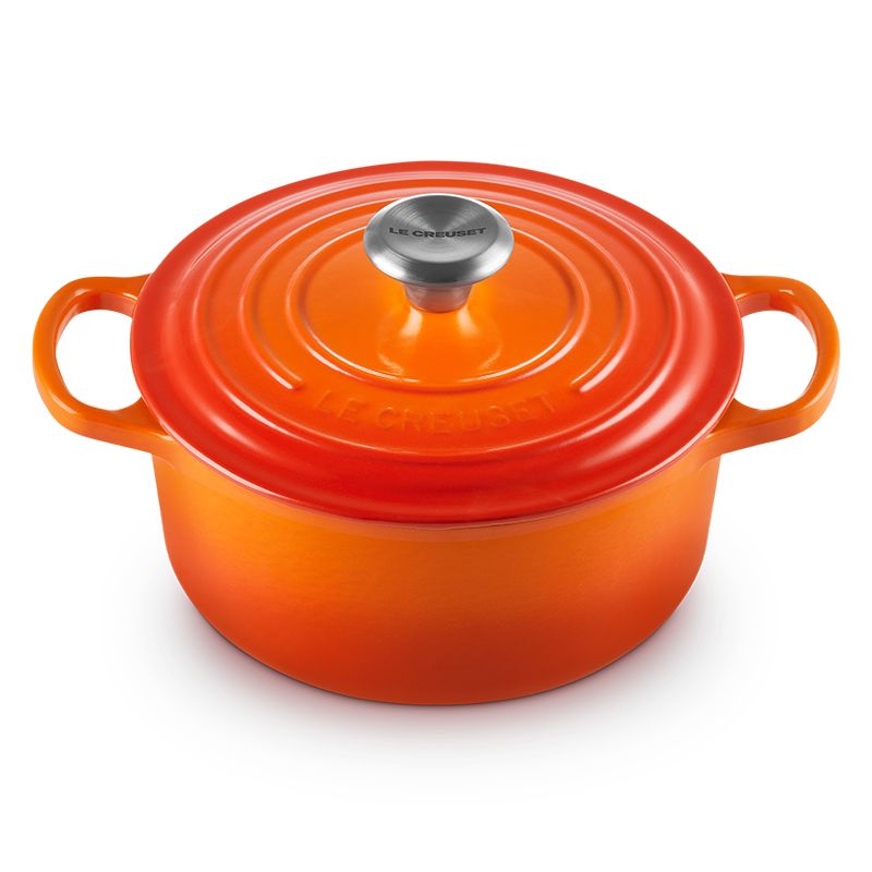 LE CREUSET -典藏琺瑯鑄鐵鍋圓鍋 18cm (火焰橘-鋼頭-內鍋白)