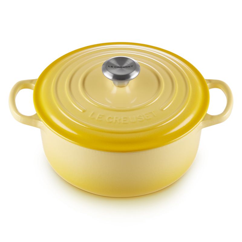 LE CREUSET -典藏琺瑯鑄鐵鍋圓鍋 18cm (閃亮黃-鋼頭-內鍋白)