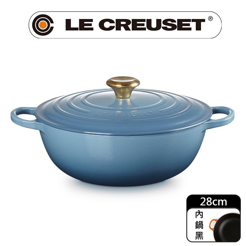 LE CREUSET-典藏琺瑯鑄鐵鍋媽咪鍋28cm(藍色迷霧-金頭-內鍋黑) - PChome