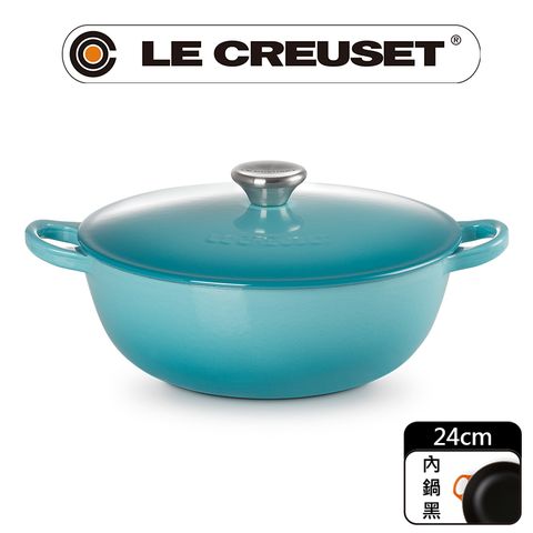 LE CREUSET -琺瑯鑄鐵鍋媽咪鍋 24cm (加勒比海藍-鋼頭-內鍋黑)