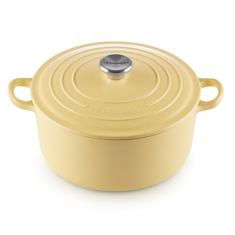 LE CREUSET -琺瑯鑄鐵鍋圓鍋 24cm (含羞草黃-鋼頭-內鍋白)