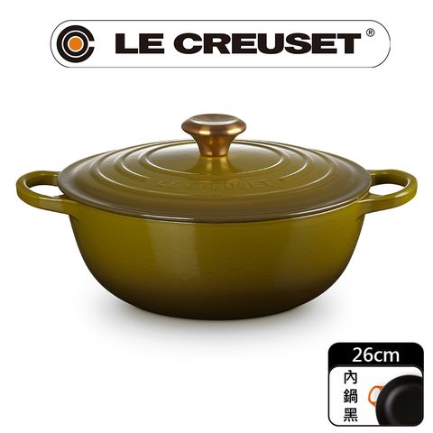 LE CREUSET-典藏琺瑯鑄鐵鍋媽咪鍋 26cm (橄欖綠-金頭-內鍋黑)