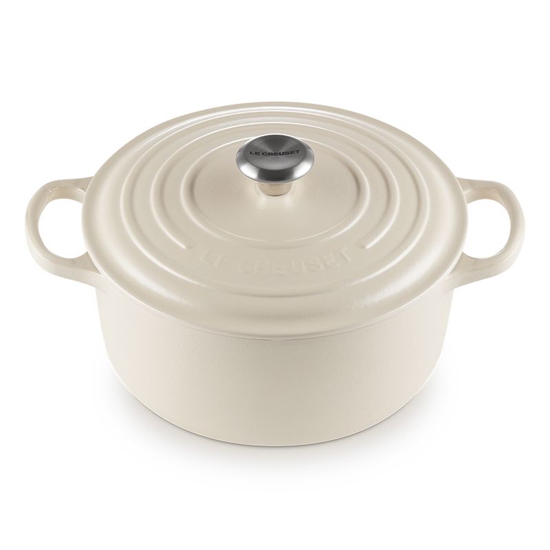 LE CREUSET -典藏琺瑯鑄鐵鍋圓鍋 22 cm(杏仁奶茶-鋼頭-內鍋白)