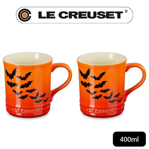 LE CREUSET -瓷器萬聖節蝙蝠圖騰馬克杯400ml-2入組 (火焰橘-無盒)