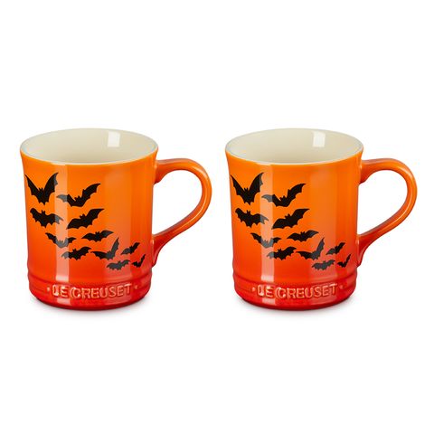 LE CREUSET-瓷器萬聖節蝙蝠圖騰馬克杯400ml-2入組 (火焰橘)