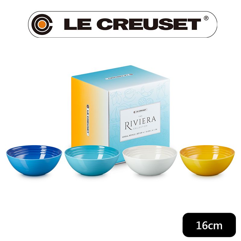 LE CREUSET -瓷器里維埃拉系列早餐穀片碗16cm- 4入組 (地中海藍/加勒比海藍/蛋白霜/杏桃黃)