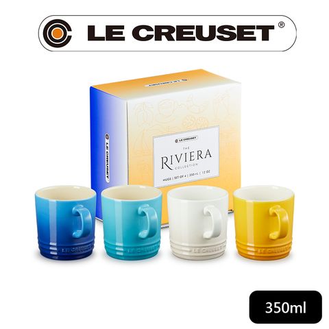 LE CREUSET -瓷器里維埃拉系列英式馬克杯組350ml - 4入組 (地中海藍/加勒比海藍/蛋白霜/杏桃黃)