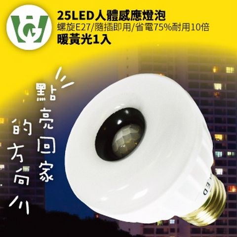 25LED感應燈泡(標準螺旋E27型)(暖黃光)