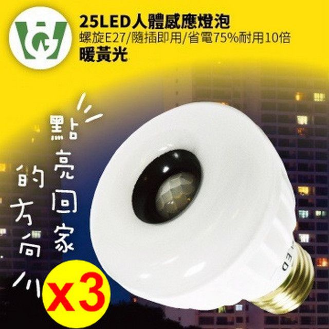  三入超值家庭包平均一入449元喔!!  25LED感應燈泡(標準螺旋E27型)(暖黃光) 三入裝