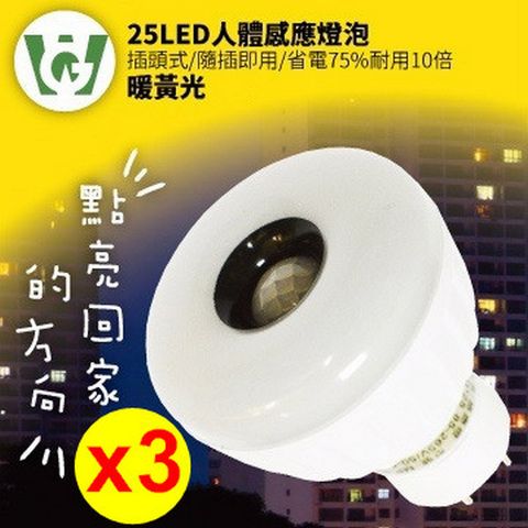 25LED晶片式綠能抗漲甜甜圈型感應燈泡(插頭型)(暖黃光)3入