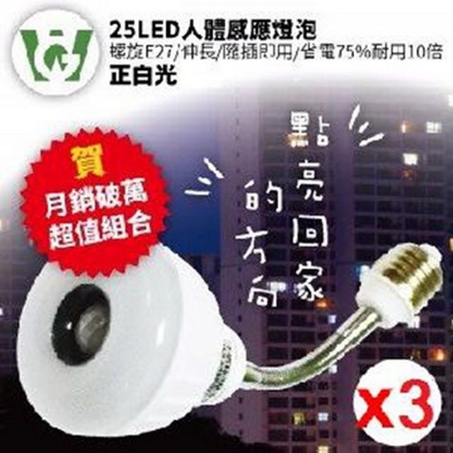  三入超值家庭包平均一入489元喔!!  25LED感應燈泡(可彎螺旋E27型)(正白光)3入