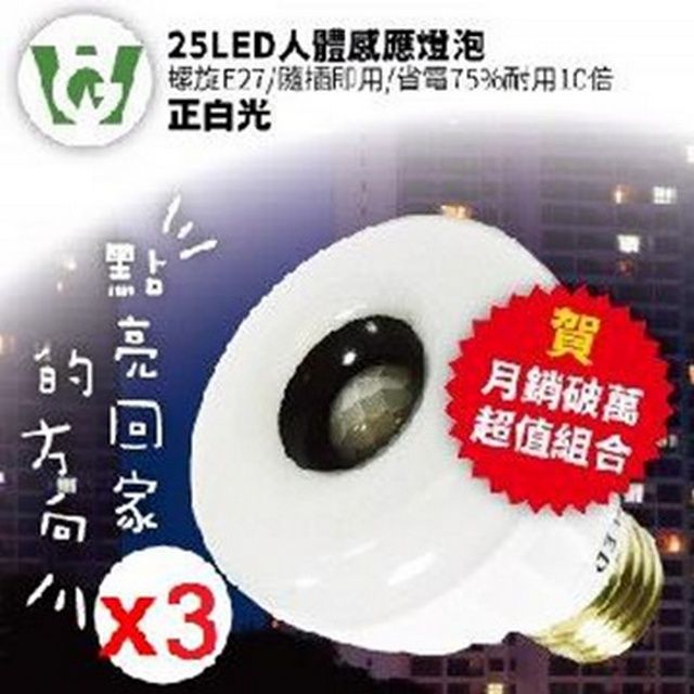  三入超值家庭包平均一入449元喔!!  25LED感應燈泡(標準螺旋E27型)(正白光)3入