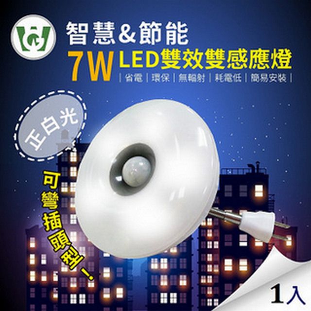  7W大照明LED 雙效雙感應燈(可彎插頭型)(正白光)