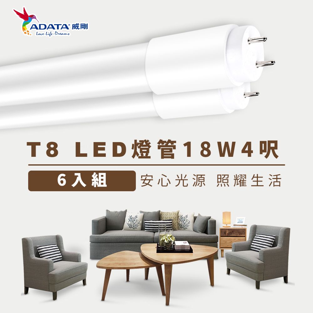 ADATA 威剛 18W 高效 T8 4尺 LED玻塑燈管_6入組