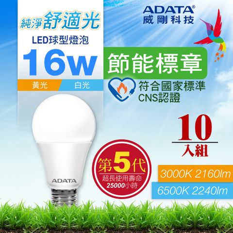 【ADATA 威剛】16W 第五代 節能標章 LED球型燈泡(10入組)