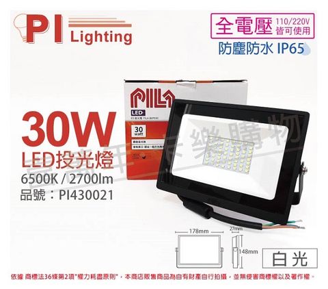 (2入)PILA沛亮 LED BVP03065 30W 6500K 白光 全電壓 IP65 投光燈 泛光燈 洗牆燈 _ PI430021