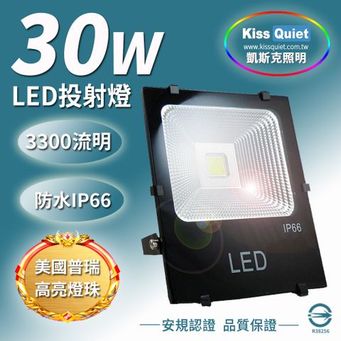 《Kiss Quiet》 質感黑(白光/黄光)30W LED投射燈全電壓探照燈-1入