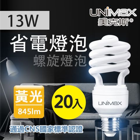 《高亮度★壽命長》【美克斯UNIMAX】13W 螺旋省電燈泡 E27 節能 省電 黃光 20入組